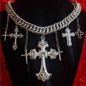 Silver-Tone Multi Cross Charm Statement Necklace - Women Jewelry